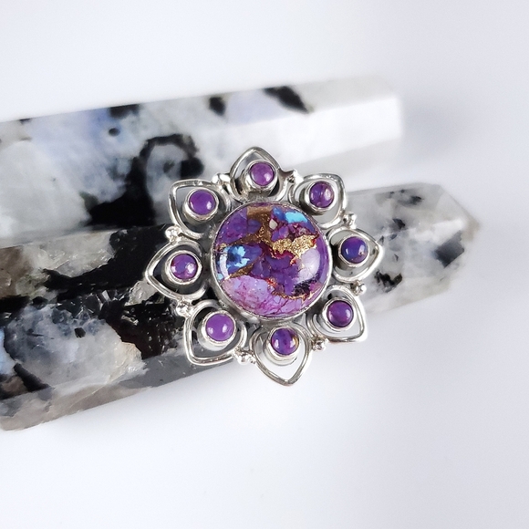 925 Sterling Silver Purple Copper Turquoise Flower Ring Size 9 New - Picture 5 of 13